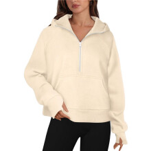 Women'S Autumn and Winter Hooded Loose Long-Sleeved Half-Zip Pocket Sweatshirt Top Apricot L