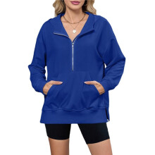 Women'S Autumn and Winter Hooded Loose Long Sleeve Zipper Pocket Sweater Tops Dark L