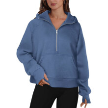 Women'S Autumn and Winter Hooded Loose Long-Sleeved Half-Zip Pocket Sweatshirt Top Gray XL