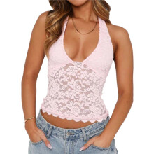 Damskie Topy Typu Halter Bez Rękawów na Wyjścia Y2K, Koronkowe, Skrócone, Modne Różowy XL