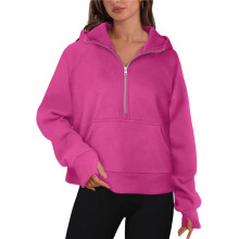 Women'S Autumn and Winter Hooded Loose Long-Sleeved Half-Zip Pocket Sweatshirt Top Rose Red XL