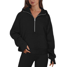 Women'S Autumn and Winter Hooded Loose Long-Sleeved Half-Zip Pocket Sweatshirt Top Black XL