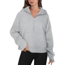 Women'S Autumn and Winter Hooded Loose Long-Sleeved Half-Zip Pocket Sweatshirt Top Light Gray L