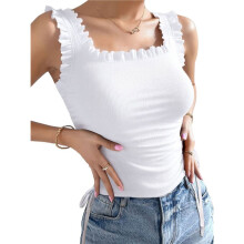 Cute Crop Tops for Women Tank Tops Ribbed Ruffle Strap Square Neck Womens Trendy Going Out Preppy Tops White XL