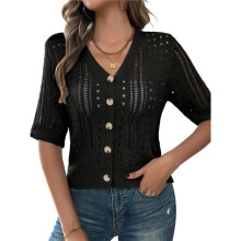 Women'S Comfy Knit Sweater Cardigan Casual Hollow-Out Short Sleeve Cardigan for Wear Black M