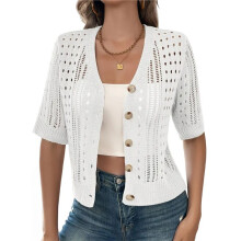 Women'S Comfy Knit Sweater Cardigan Casual Hollow-Out Short Sleeve Cardigan for Wear White M