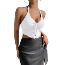 Y2k Front Tie Crop Tops Halter Neck Flowy Plisse Summer Going Out Top Split Sleeveless Shirt White L
