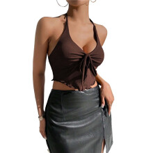 Y2k Front Tie Crop Tops Halter Neck Flowy Plisse Summer Going Out Top Split Sleeveless Shirt Brown M