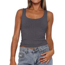 Women'S Sleeveless Square Neck Tank Top Double Layer Basic Crop Tops Summer Fitness Workout Casual Tops Grey S