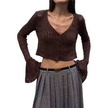Tops for Women V-Neck Cutout Buttonswhite Cardigan for Women Long Bell Sleeves Knit Coffee Color S