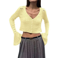 Tops for Women V-Neck Cutout Buttonswhite Cardigan for Women Long Bell Sleeves Knit Yellow S