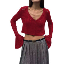 Tops for Women V-Neck Cutout Buttonswhite Cardigan for Women Long Bell Sleeves Knit Wine Red M