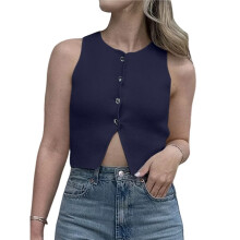 Womens Sleeveless Cropped Sweater Vest Summer Trendy Knit Crop Tank Tops Crewneck Button Y2K Going Out Top Navy L