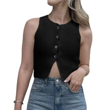 Womens Sleeveless Cropped Sweater Vest Summer Trendy Knit Crop Tank Tops Crewneck Button Y2K Going Out Top Black S