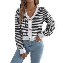Womens Long Sleeve Striped Cardigan Sweaters Striped Cropped Button Fall Trendy Open Front Knit Sweater Coats Black S
