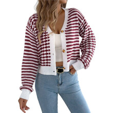 Womens Long Sleeve Striped Cardigan Sweaters Striped Cropped Button Fall Trendy Open Front Knit Sweater Coats Wine Red L
