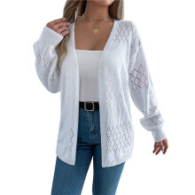 Womens Summer Crochet Cardigan Long Sleeve Light-Weight Casual Knit Sweaters White M