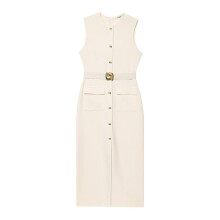 Arbeitskleider für Damen 2025 Business Formales Langes Kleid Ärmellos Button-Down Elegante Büro-Outfits mit Gürtel Beige M