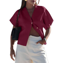 Womens Oversized Cardigan Short Sleeve - Button V Neck Casual Knit Sweater Outerwear Wine Red M