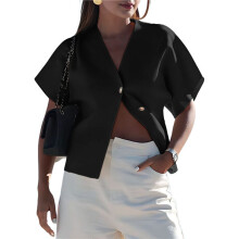 Womens Oversized Cardigan Short Sleeve - Button V Neck Casual Knit Sweater Outerwear Black S