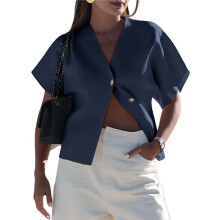 Womens Oversized Cardigan Short Sleeve - Button V Neck Casual Knit Sweater Outerwear Navy  L