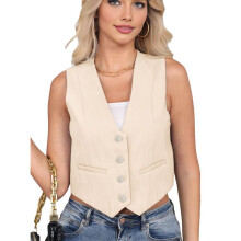 Cropped Suit Vest for Women Button Business Casual Dressy Waistcoat Vest Tops Cream White L