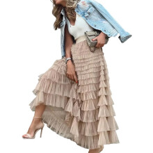 Women'S Long Maxi Tulle Skirts A  Ruffle High Waisted Tiered Layered Mesh Tutu Skirt Petticoat Apricot M