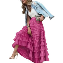 Women'S Long Maxi Tulle Skirts A  Ruffle High Waisted Tiered Layered Mesh Tutu Skirt Petticoat Rose Red L