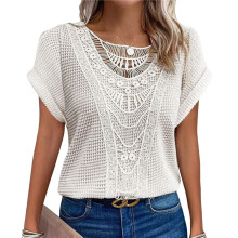 Women'S Summer Round Neck Sweater Casual Crochet Hollow Knitted Top Lace Stitching Short-Sleeved T-Shirt White XXL
