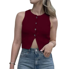 Womens Sleeveless Cropped Sweater Vest Summer Trendy Knit Crop Tank Tops Crewneck Button Y2K Going Out Top Wine Red M