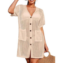 Swimsuit Cover Women Button Down Crochet Beach Dress Side Split Swim Bathing Suit Coverups Pocket Swimwear Apricot L