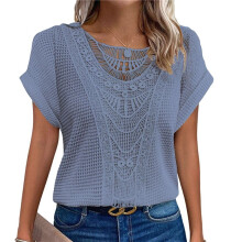 Women'S Summer Round Neck Sweater Casual Crochet Hollow Knitted Top Lace Stitching Short-Sleeved T-Shirt  XL