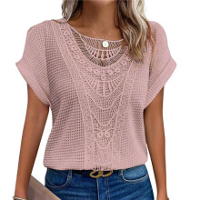 Women'S Summer Round Neck Sweater Casual Crochet Hollow Knitted Top Lace Stitching Short-Sleeved T-Shirt  L
