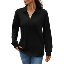 Women'S 2025 Autumn and Winter Solid Color Pullover Sweater Loose Lapel Long Sleeve Top Black M