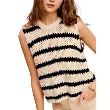 Women'S Europe and US Wind Loose Type Round Neck Halter Clip Striped Women'S Bottoming Shirt Sweater Black XL
