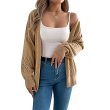 Womens Summer Crochet Cardigan Long Sleeve Light-Weight Casual Knit Sweaters Khaki M
