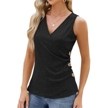 Womens Summer Tank Tops Casual Eyelet Embroidery Sleeveless Shirts Comfy Button Design Slim Fit Basic Tee Black XXL