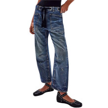 Womens Loose Horseshoe Jeans Wide Leg Patchwork Low Rise Denim Pants with Pockets Ink M