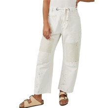 Womens Loose Horseshoe Jeans Wide Leg Patchwork Low Rise Denim Pants with Pockets White XL