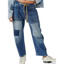 Womens Loose Horseshoe Jeans Wide Leg Patchwork Low Rise Denim Pants with Pockets S