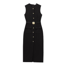Work Dresses for Women 2025 Business Formal Long Dress Sleeveless Button Down Elegant Office Outfits with Belt Black XS