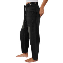 Womens Loose Horseshoe Jeans Wide Leg Patchwork Low Rise Denim Pants with Pockets Black L