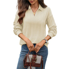 Women'S 2025 Autumn and Winter Solid Color Pullover Sweater Loose Lapel Long Sleeve Top Apricot S