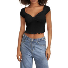 Womens T Shirts Summer Tops 2025 Crop Square Collar Short Sleeve Slim Fit Tee Cute Gym Workout Clothes Black S