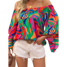 Women'S Off the Shoulder Colorful Blouses Dressy Casual Boho Ruffle 3/4 Sleeve Asymmetrical Neck Shirt Red & Green M