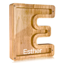 Wooden Letter Piggy Bank E with Name, Custom Alphabet Money Box Gift for Kids Boys Girls