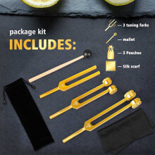 4 Pack Tuning Fork Set(128Hz, 256Hz, 512Hz)with Tuning Fork Hammer for Sound Sound Vibration Tool with Base,Gold