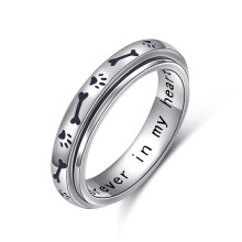 Dog Paw Sterling Silver Spinner Ring for Anxiety Relief, Adjustable Fidget Band Size 9 Pet Lover Gift