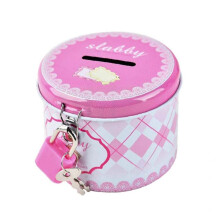 Round Metal Piggy Bank with Lock and Key, Cute Cartoon Coin Box for Kids Girls Pink Savings Gift