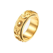 Gold Stainless Steel Spinner Ring for Women and Men, Sun Moon Stars Anxiety Relief Fidget Ring, Size 9